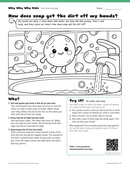Preview of the coloring page: How does soap get the dirt off my hands?