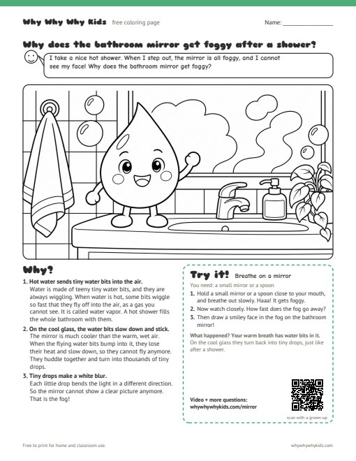 Preview of the coloring page: Why does the bathroom mirror get foggy after a shower?